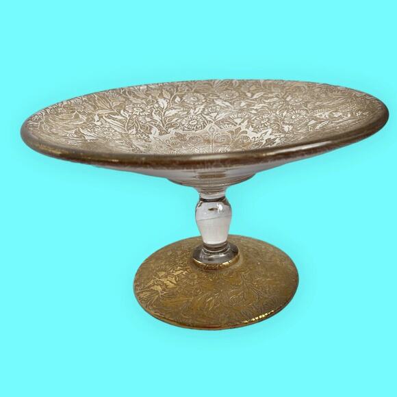 Vintage Ornate Gold Filigree Footed Dish with Crystal Stem on Gold Filigree Base - Picture 1 of 11